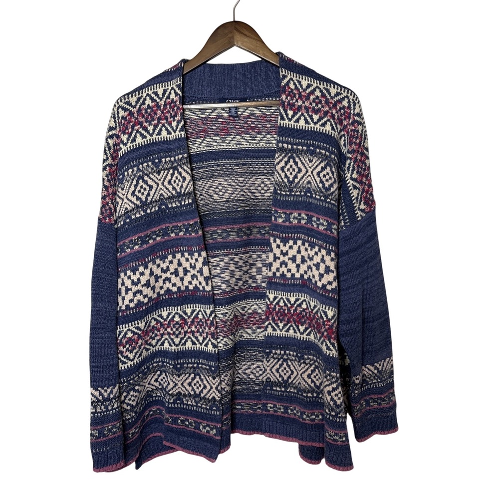 Chaps Women's Open Long Cardigan Blue Southwest Aztec Print‎ Cotton Blend Sz XL